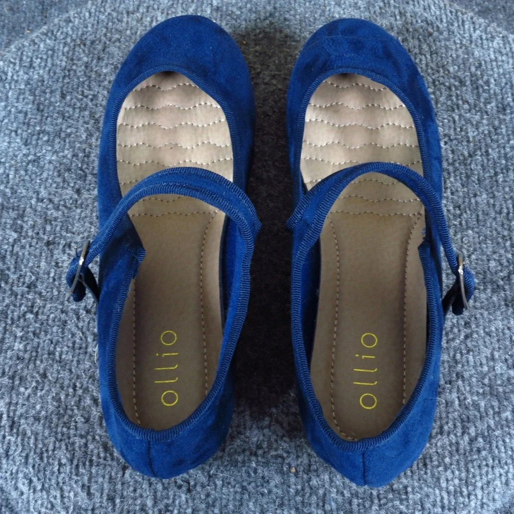 Ollio Women Mary Jane Ballet Flats Size 7.5 Everyday Comfort Blue Faux Suede